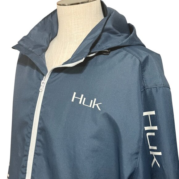 Huk Windbreaker Jacket - Size XL - Blue Hooded Full Zip Performance Rain Coat - Picture 1 of 11